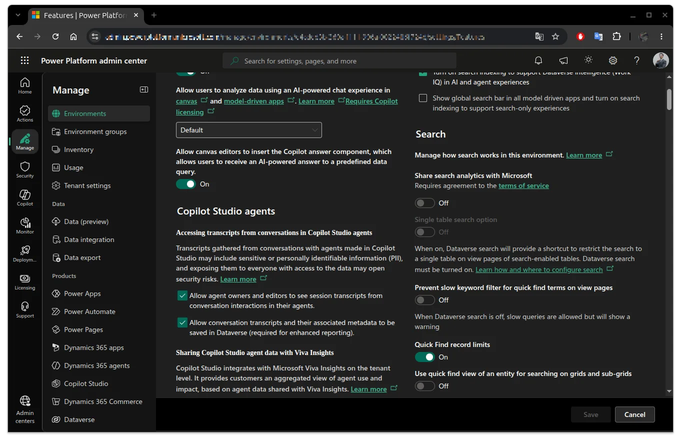 Ustawienia środowiska w Power Platform admin center, sekcja Features z dwoma przełącznikami dotyczącymi transkryptów Copilot Studio
