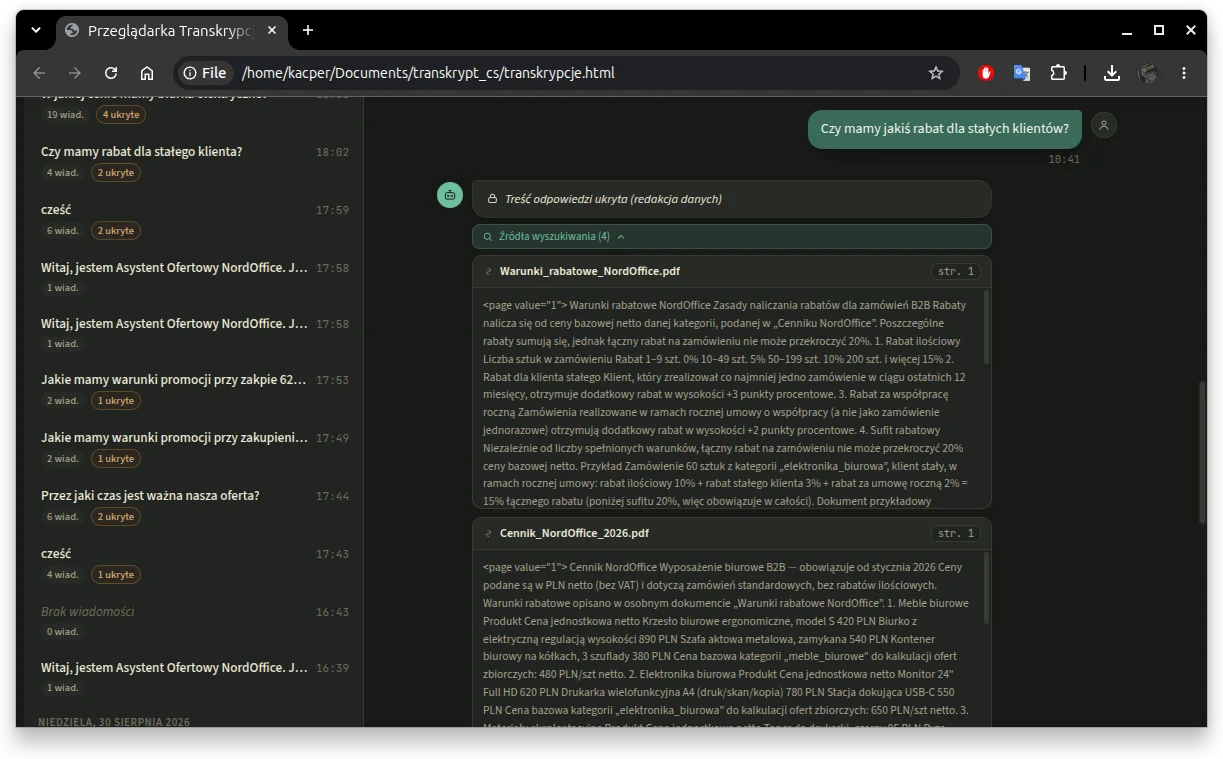 Fragment transkryptu z włączonymi szczegółami na poziomie węzłów, z widocznym wpisem nodeTraceData i typem węzła SearchAndSummarizeContent