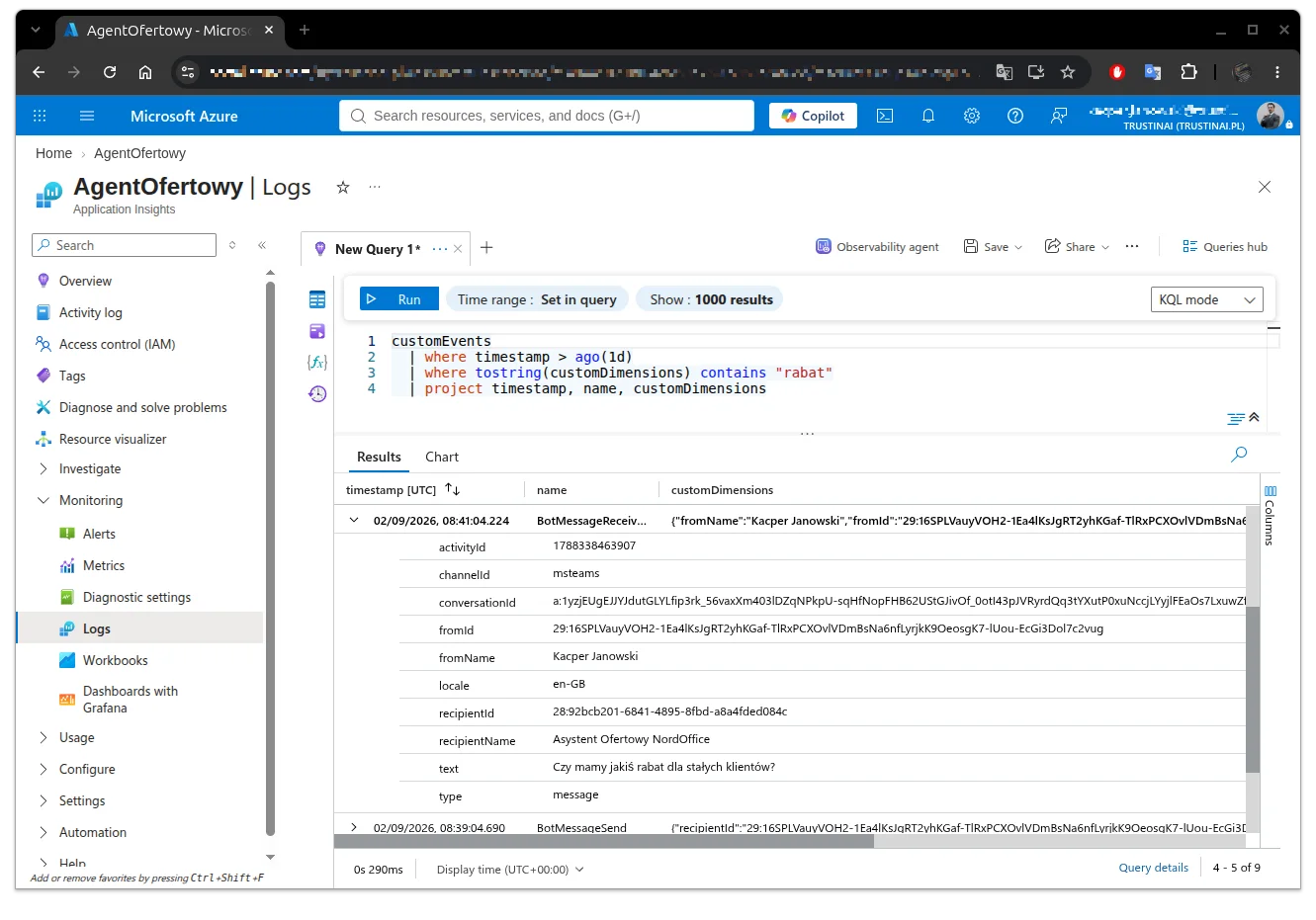 Wynik zapytania KQL na tabeli customEvents w Application Insights: zdarzenia z rozmowy z agentem wraz z rozwiniętym polem customDimensions